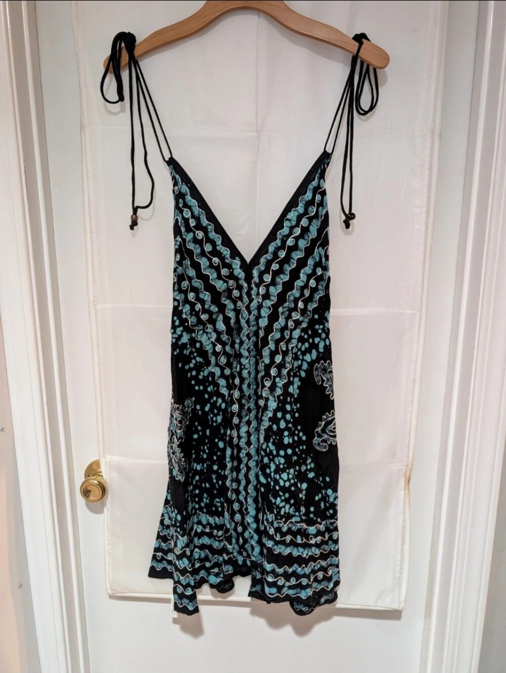 Vintage Boho Batik Block Print Halter Dress Teal Black Hanky Hem M